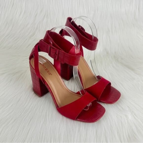 Bamboo Red Milestone Croc Accent Ankle Strap Chunky Block Heel Sandals - Picture 5 of 10